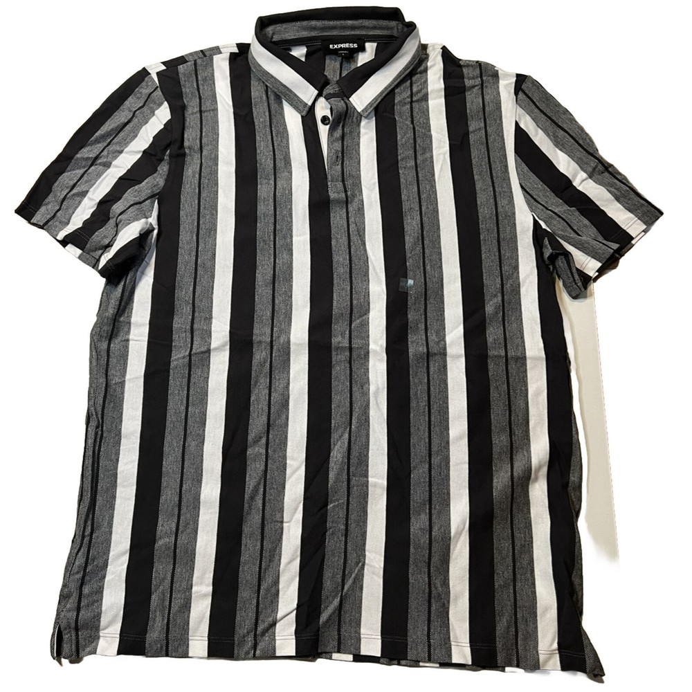EXPRESS men’s Polo Shirt Sz L Short Sleeve Striped Black White‎ Gray 100% Cotton